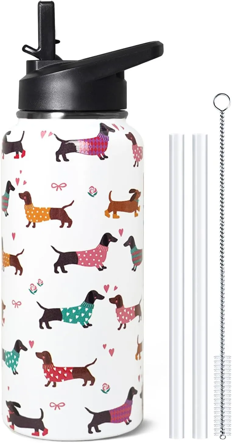 32oz Dachshund Insulated Stainless Steel Sports Water Bottle with Straw, Hiking, Cycling, Gym, Dog Gifts for Women