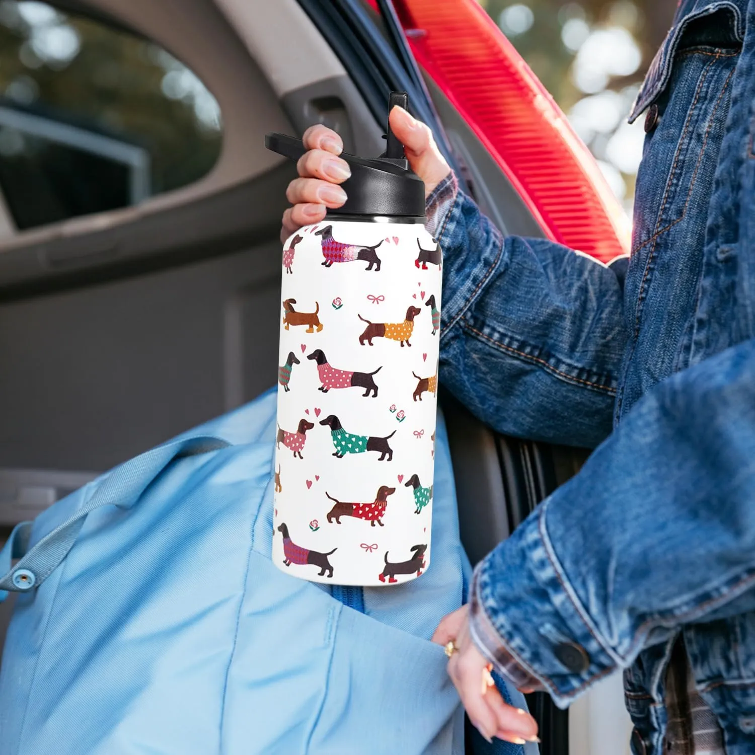 32oz Dachshund Insulated Stainless Steel Sports Water Bottle with Straw, Hiking, Cycling, Gym, Dog Gifts for Women