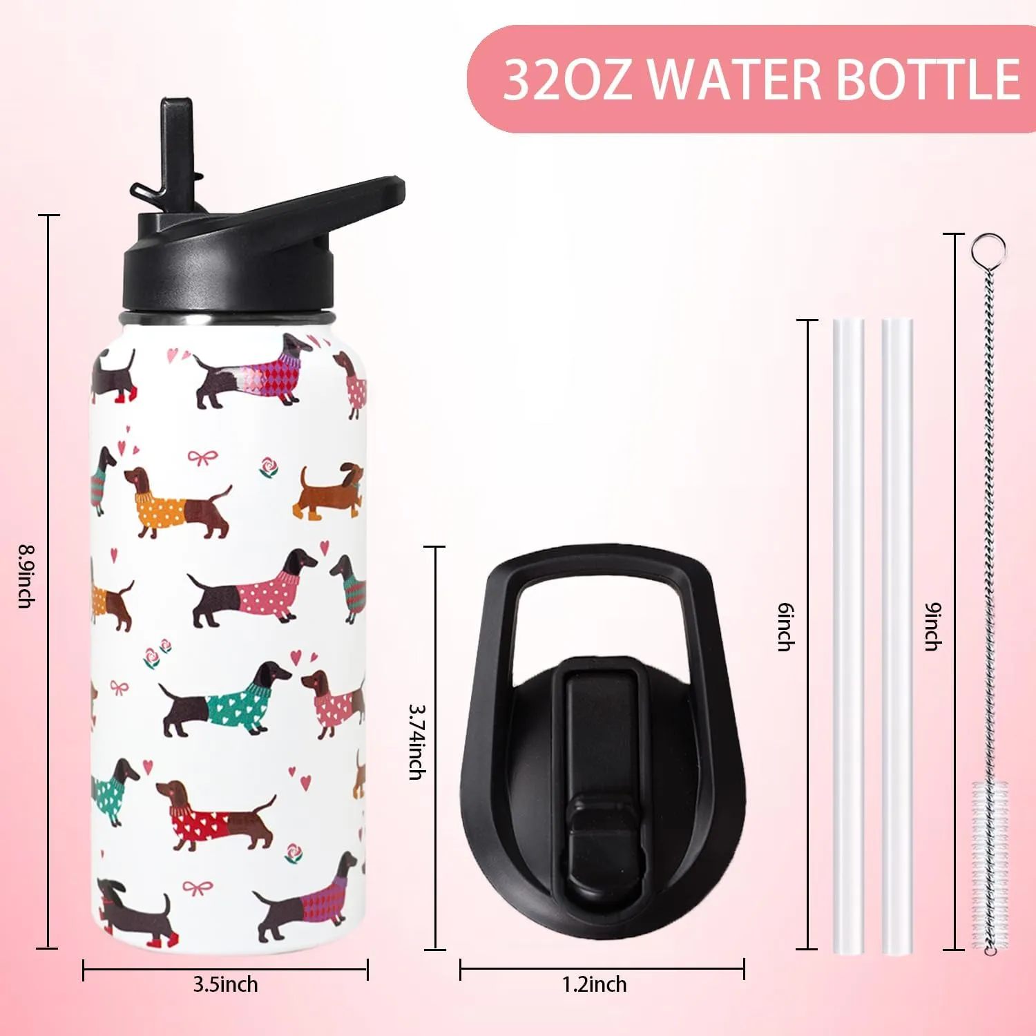 32oz Dachshund Insulated Stainless Steel Sports Water Bottle with Straw, Hiking, Cycling, Gym, Dog Gifts for Women