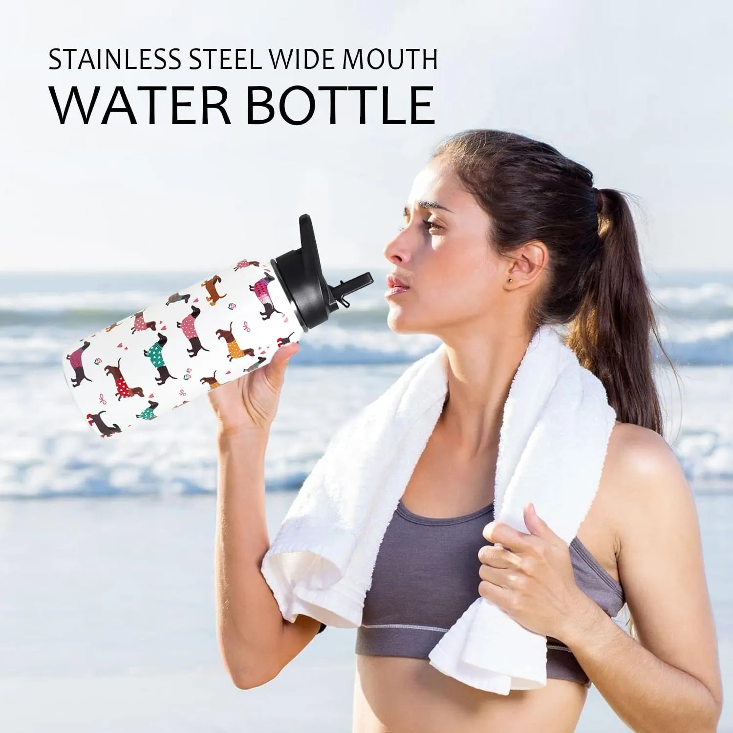 32oz Dachshund Insulated Stainless Steel Sports Water Bottle with Straw, Hiking, Cycling, Gym, Dog Gifts for Women