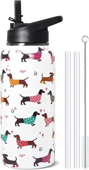 32oz Dachshund Insulated Stainless Steel Sports Water Bottle with Straw, Hiking, Cycling, Gym, Dog Gifts for Women