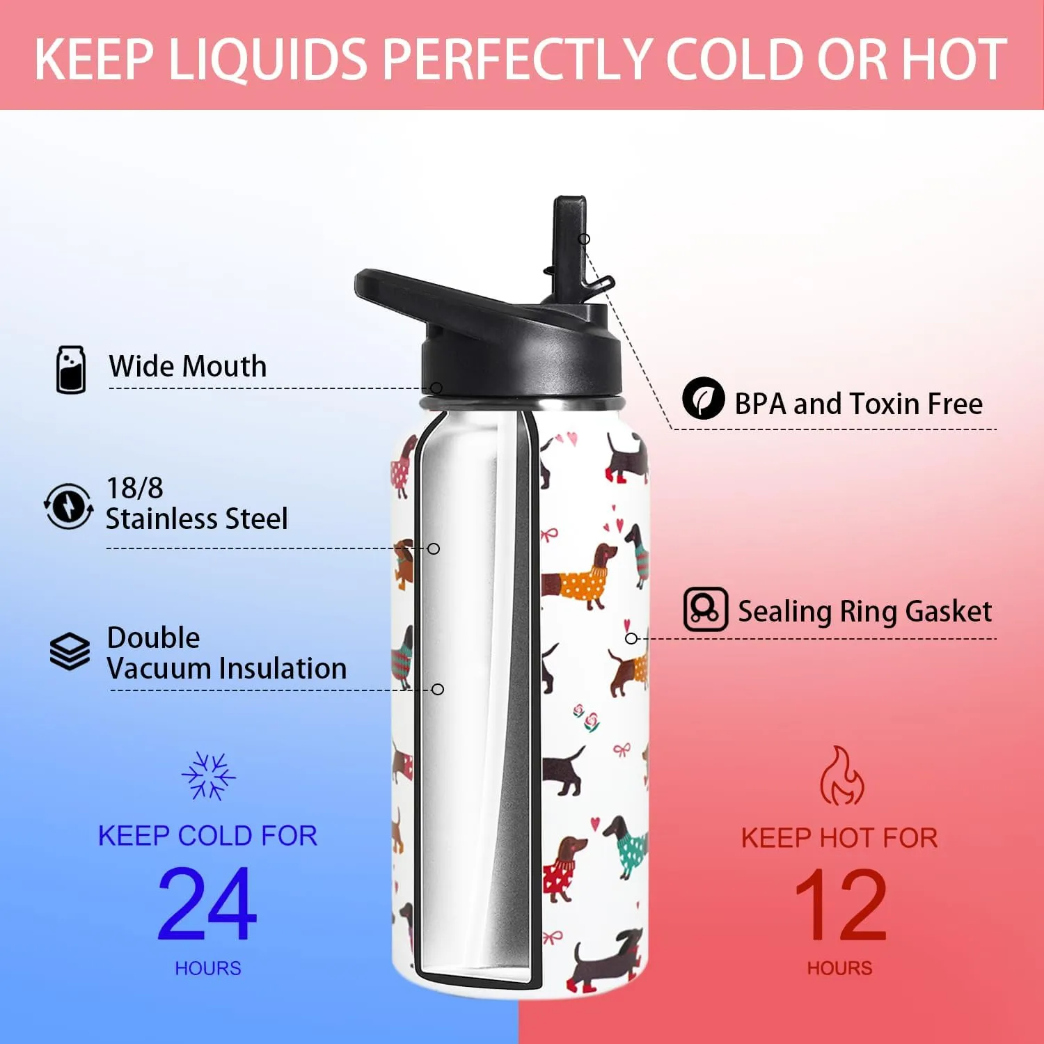 32oz Dachshund Insulated Stainless Steel Sports Water Bottle with Straw, Hiking, Cycling, Gym, Dog Gifts for Women