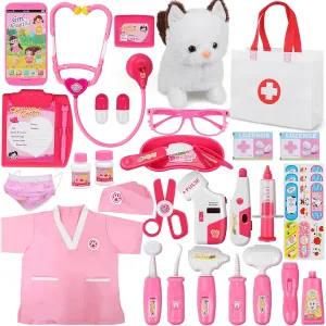 33Pcs Pet Doctor Kit for Toddlers - Dress Up Costume & Pretend Doctor Play Set with Cat Toy, Pet Vet Roleplay Toys, Xmas Birthday Gifts for Ages 3 4 5 6-8 Year Old Boys Girls