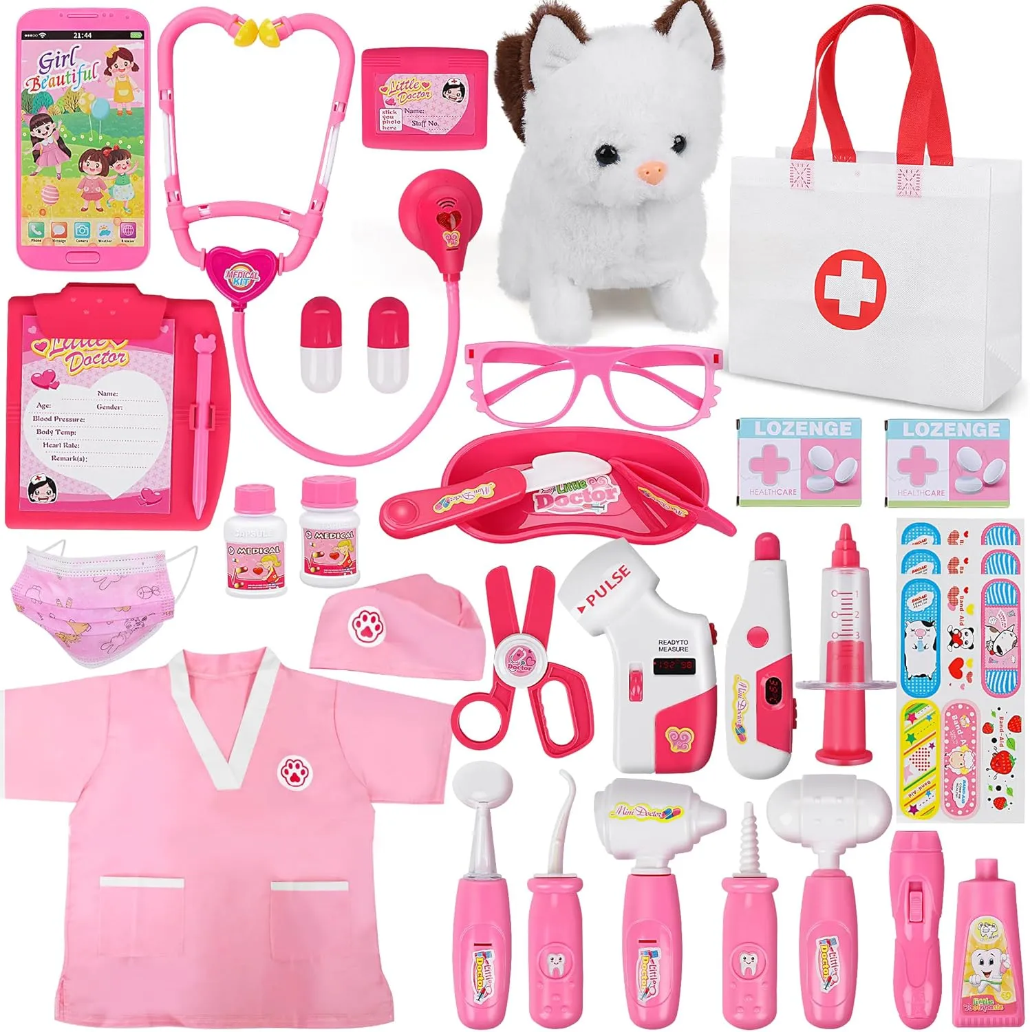 33Pcs Pet Doctor Kit for Toddlers - Dress Up Costume & Pretend Doctor Play Set with Cat Toy, Pet Vet Roleplay Toys, Xmas Birthday Gifts for Ages 3 4 5 6-8 Year Old Boys Girls