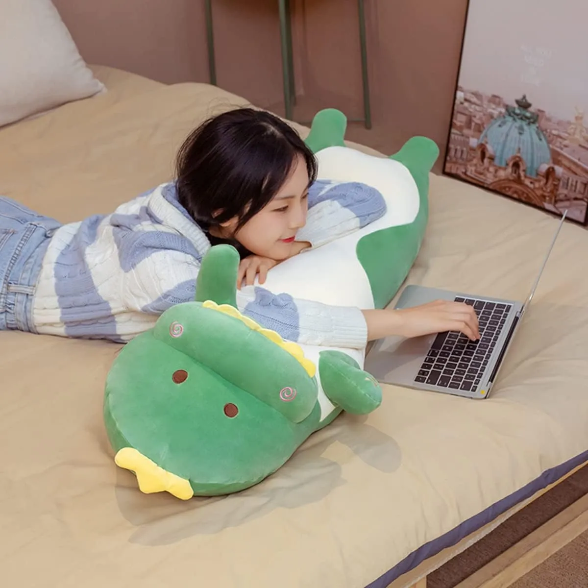 37.40'' Long Dinosaur Plush Pillow Toy Dinosaur Stuffed Animals Cute Cartoon Sleeping Soft Long Body Pillow Gift for Kids (Green)