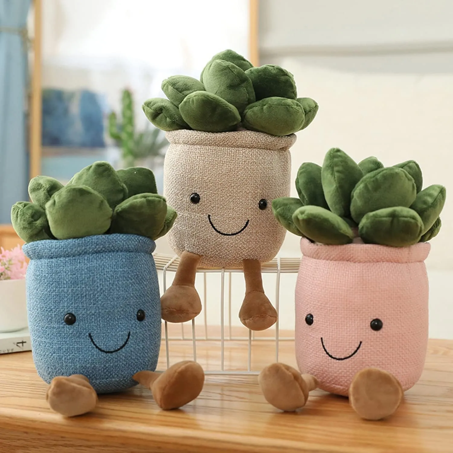 3pcs Succulents Plush Toy, Cute Succulents Plushies, Stuffed Potted Plants Plush Doll, Soft Plush Succulent Gifts for Kids Boys (Pink White Blue)
