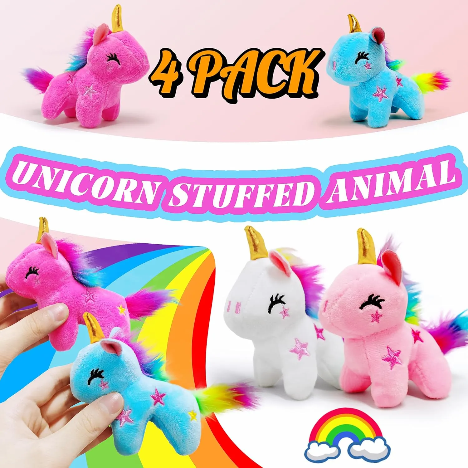 4 Pack Unicorn Stuffed Animal Plush Toys for Kids, Cute Unicorn Plushies, Kawaii Plush Toys, Small Valentines Day Stuffed Animals for Christmas Decorations, Home Decor, Kids Prizes