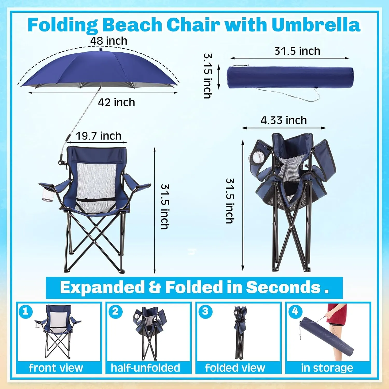 4 Pcs Portable Camping Beach Chair with Adjustable Umbrella and Backpack Foldable Sand Chairs with Mesh Back for Adult Lawn Outdoors Fishing Hiking Travel Picnic Supply
