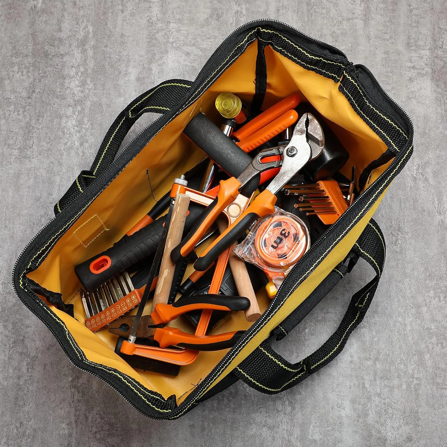 4 Pieces Tool Bag with Waterproof Strong Molded Base Multi Pockets Wide Mouth Tool Tote Multifunctional Tool Bag Large Capacity Organizer Heavy Duty Tool Storage Bag (Yellow,13 Inch)