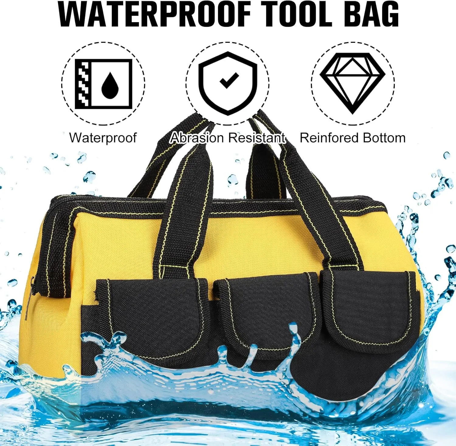 4 Pieces Tool Bag with Waterproof Strong Molded Base Multi Pockets Wide Mouth Tool Tote Multifunctional Tool Bag Large Capacity Organizer Heavy Duty Tool Storage Bag (Yellow,13 Inch)