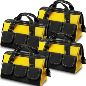 4 Pieces Tool Bag with Waterproof Strong Molded Base Multi Pockets Wide Mouth Tool Tote Multifunctional Tool Bag Large Capacity Organizer Heavy Duty Tool Storage Bag (Yellow,13 Inch)