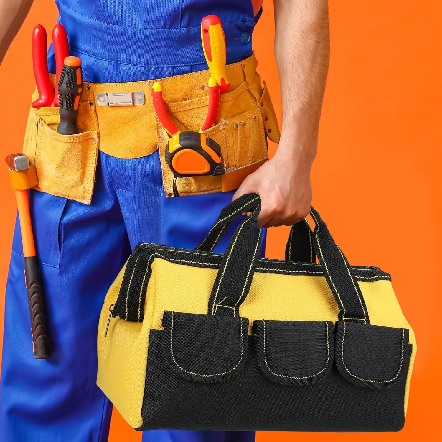 4 Pieces Tool Bag with Waterproof Strong Molded Base Multi Pockets Wide Mouth Tool Tote Multifunctional Tool Bag Large Capacity Organizer Heavy Duty Tool Storage Bag (Yellow,13 Inch)