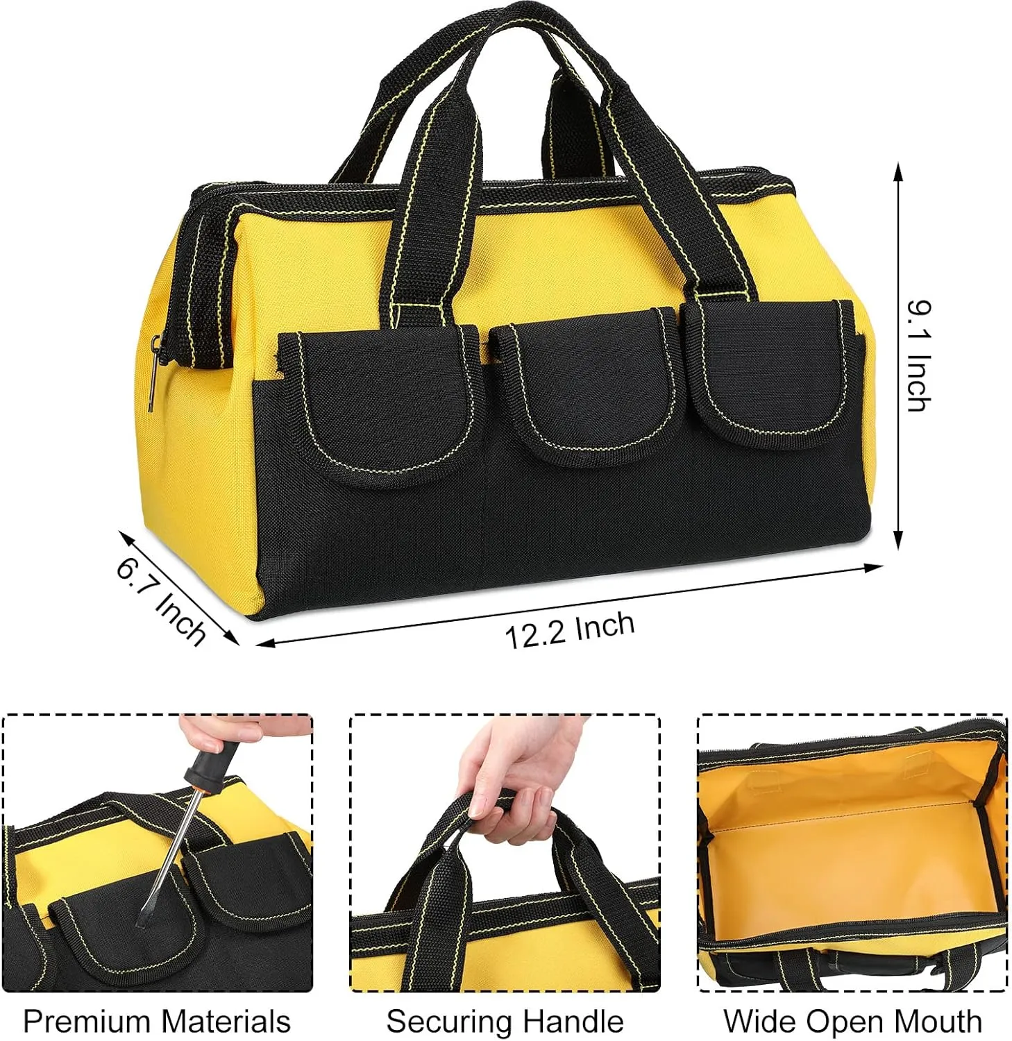 4 Pieces Tool Bag with Waterproof Strong Molded Base Multi Pockets Wide Mouth Tool Tote Multifunctional Tool Bag Large Capacity Organizer Heavy Duty Tool Storage Bag (Yellow,13 Inch)