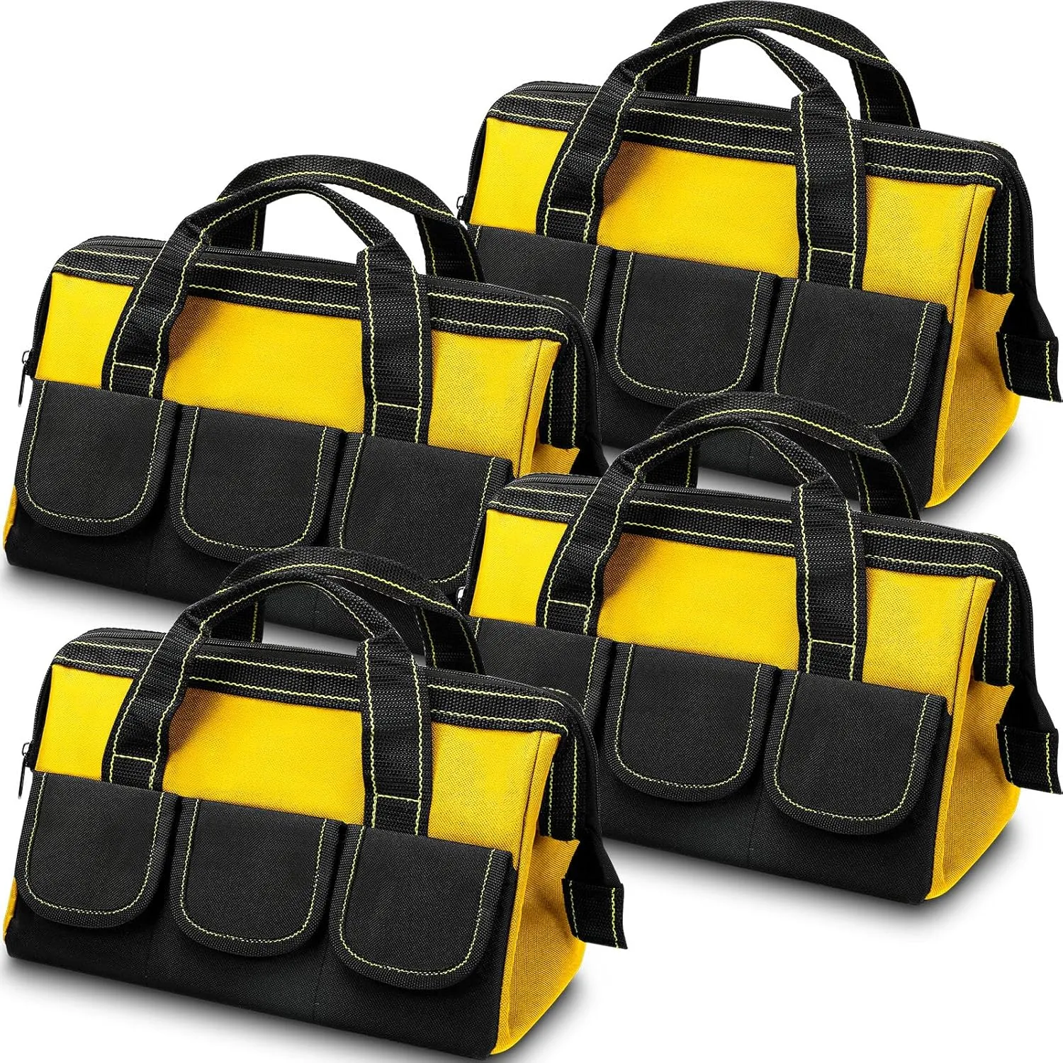 4 Pieces Tool Bag with Waterproof Strong Molded Base Multi Pockets Wide Mouth Tool Tote Multifunctional Tool Bag Large Capacity Organizer Heavy Duty Tool Storage Bag (Yellow,13 Inch)