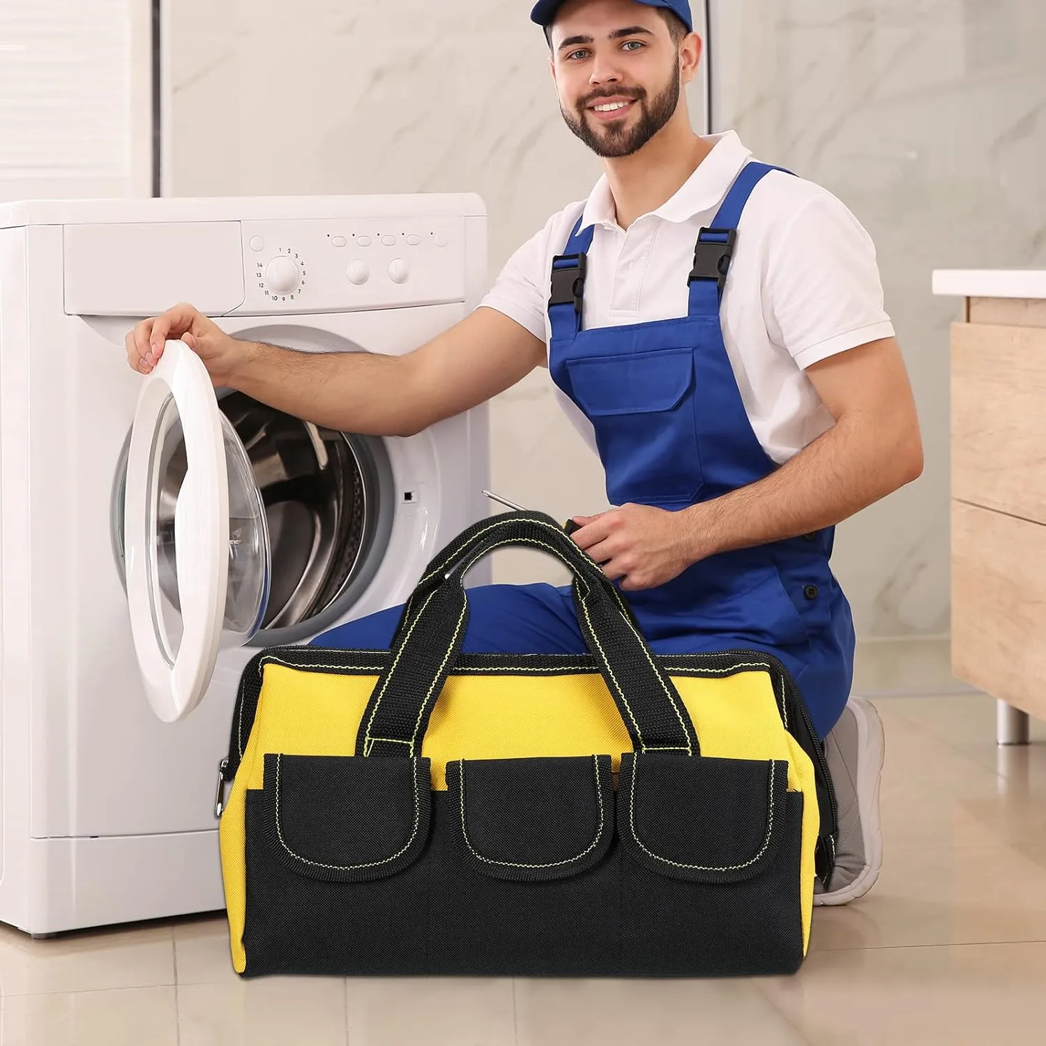 4 Pieces Tool Bag with Waterproof Strong Molded Base Multi Pockets Wide Mouth Tool Tote Multifunctional Tool Bag Large Capacity Organizer Heavy Duty Tool Storage Bag (Yellow,13 Inch)