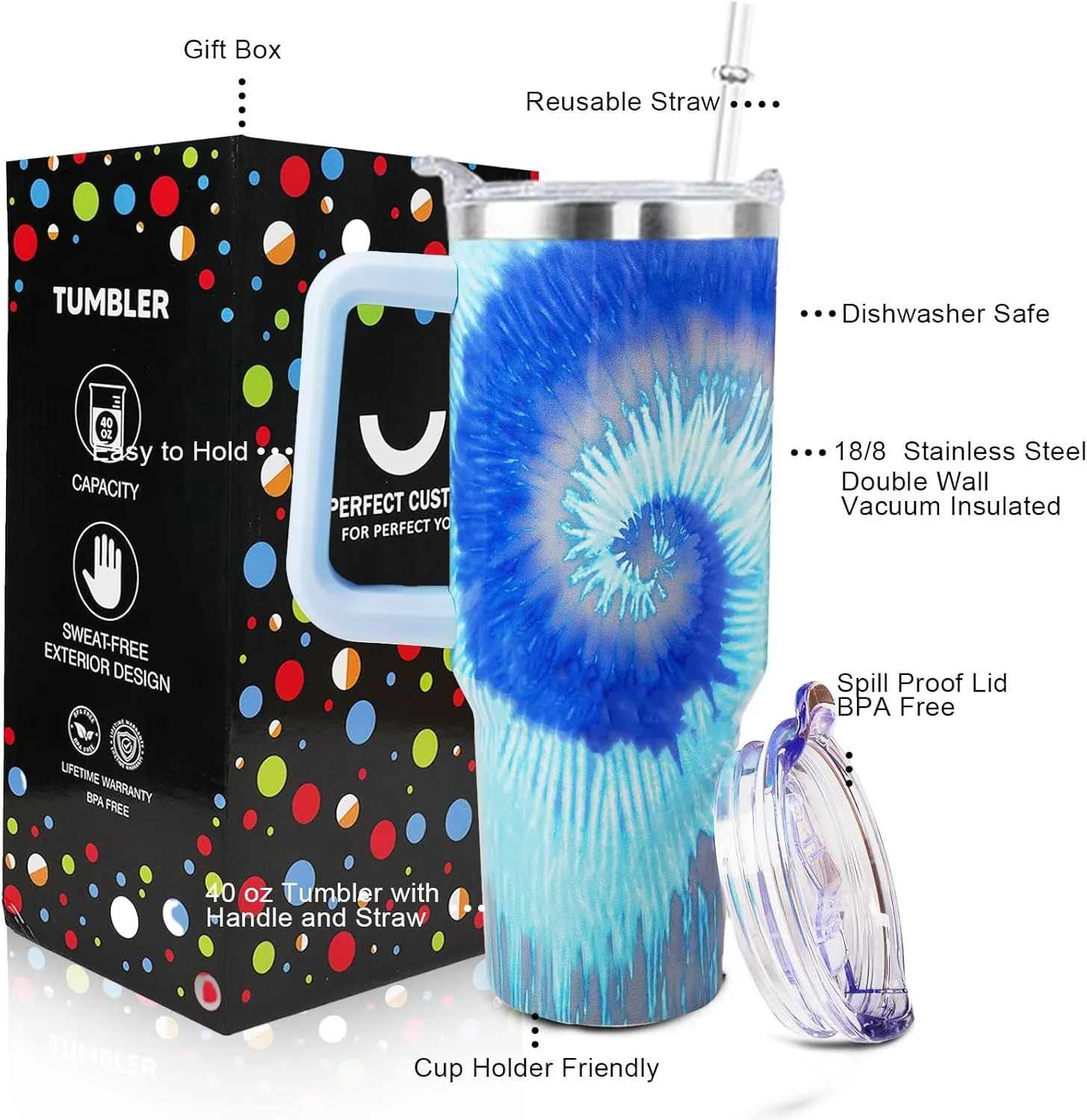40 oz Tumbler with Handle and Straw Lid Leak Proof, Rainbow Design Coffee Travel Mug with Handle Insulated for Hot and Cold Drink Ice, Mother's Day Birthday Gifts for Women Mom