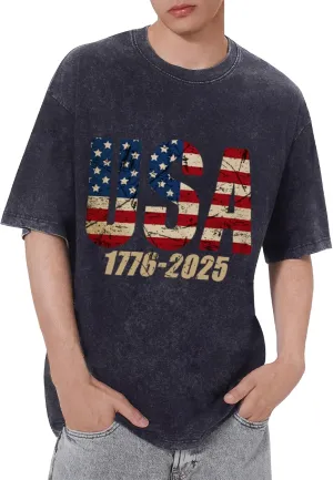 4th of July USA Shirts for Men - 2025 Oversized Crewneck American Flag USA 1776-2025 Shirts