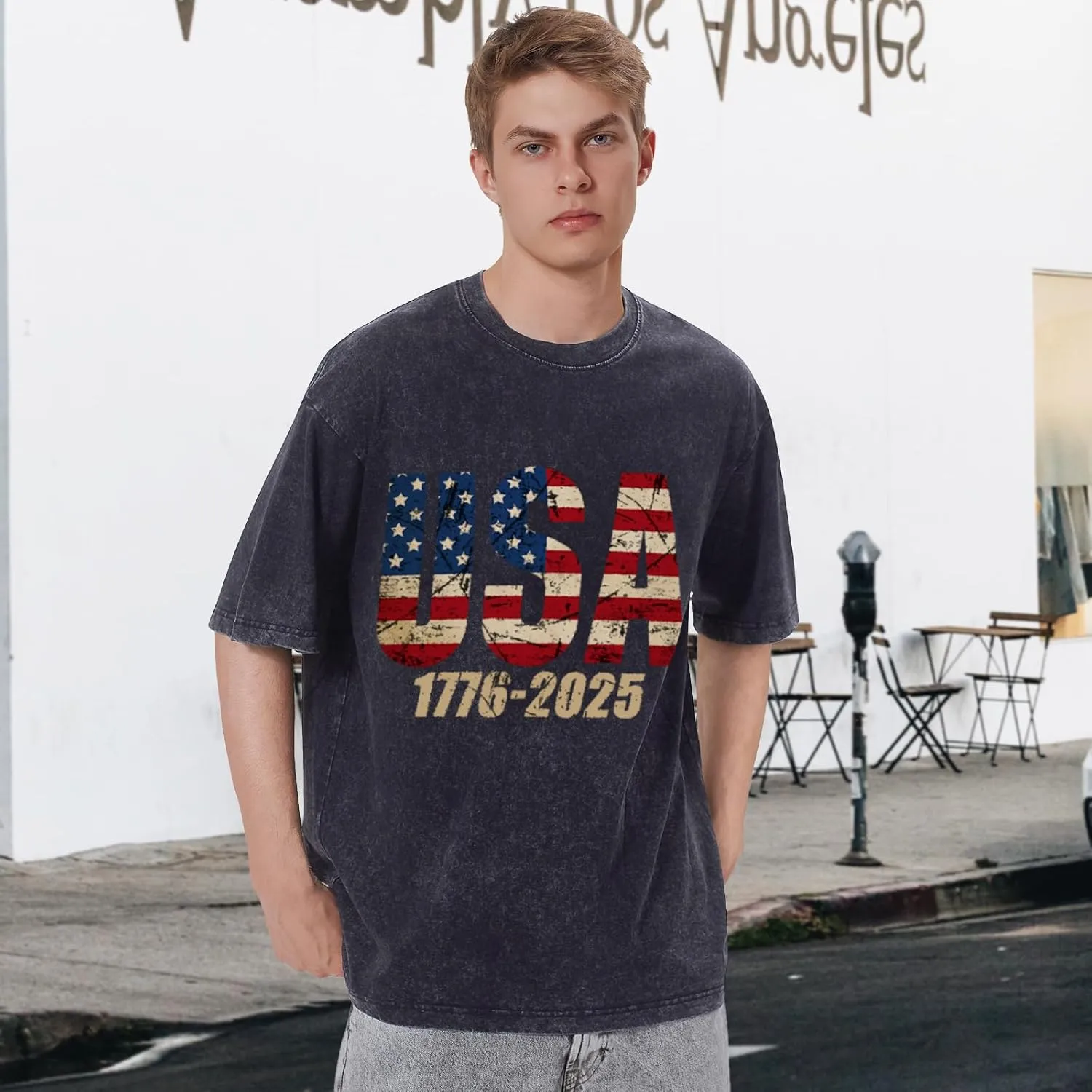 4th of July USA Shirts for Men - 2025 Oversized Crewneck American Flag USA 1776-2025 Shirts