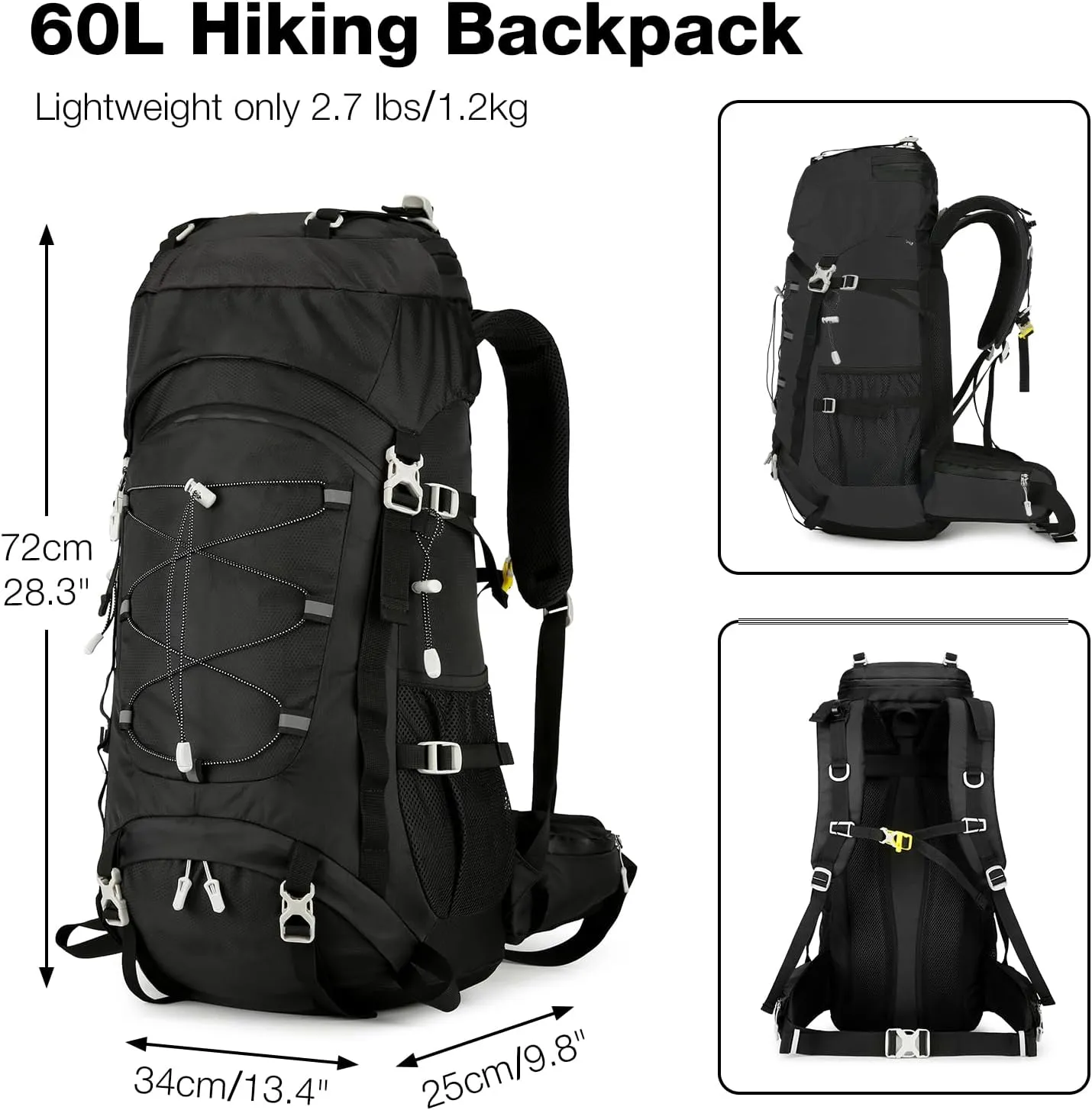 60L Hiking Backpack Men Women, Large Backpacking Backpack Packs, Waterproof Camping Bakcpacks Bag with Rain Cover, Camping Essentials for Trekking Travel, Black
