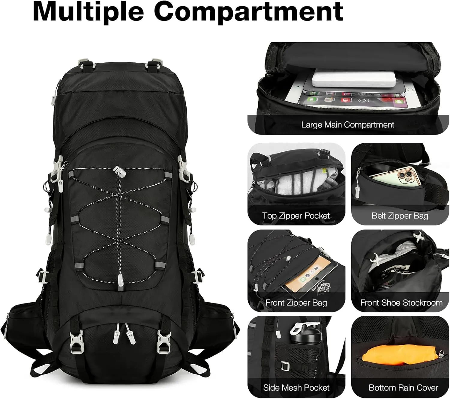 60L Hiking Backpack Men Women, Large Backpacking Backpack Packs, Waterproof Camping Bakcpacks Bag with Rain Cover, Camping Essentials for Trekking Travel, Black