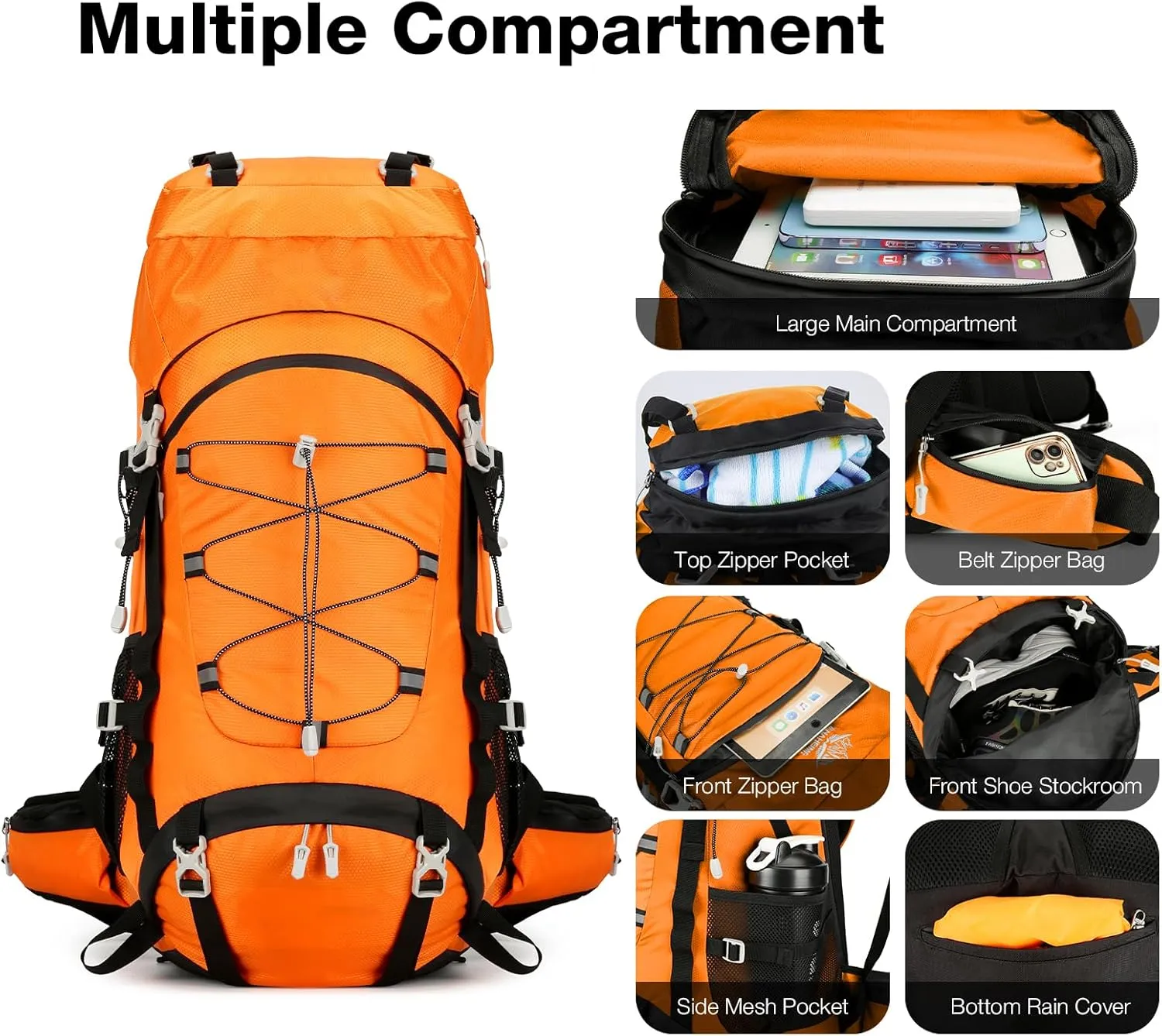60L Hiking Backpack Men Women, Large Backpacking Backpack Packs, Waterproof Camping Bakcpacks Bag with Rain Cover, Camping Essentials for Trekking Travel, Orange