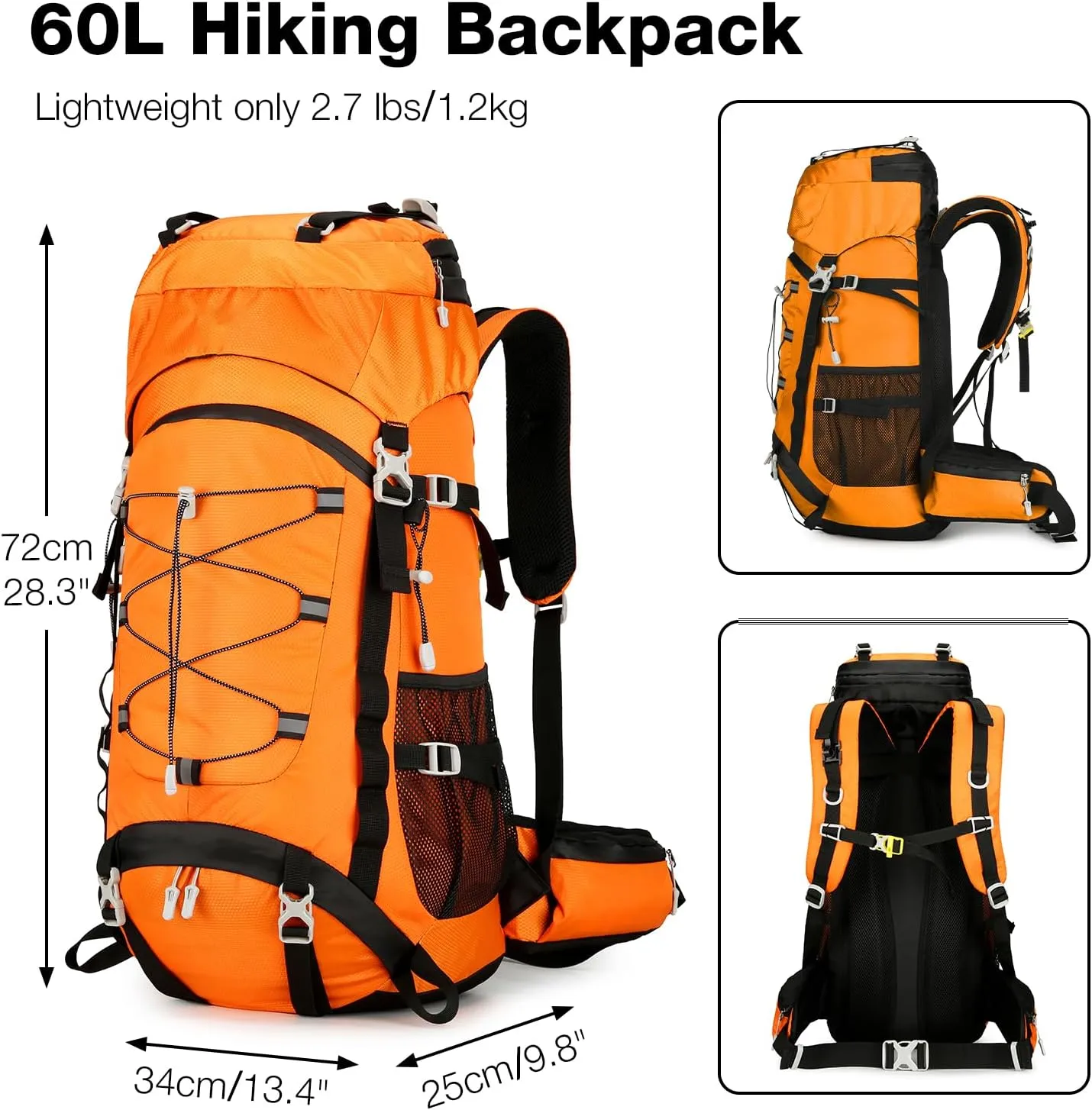 60L Hiking Backpack Men Women, Large Backpacking Backpack Packs, Waterproof Camping Bakcpacks Bag with Rain Cover, Camping Essentials for Trekking Travel, Orange