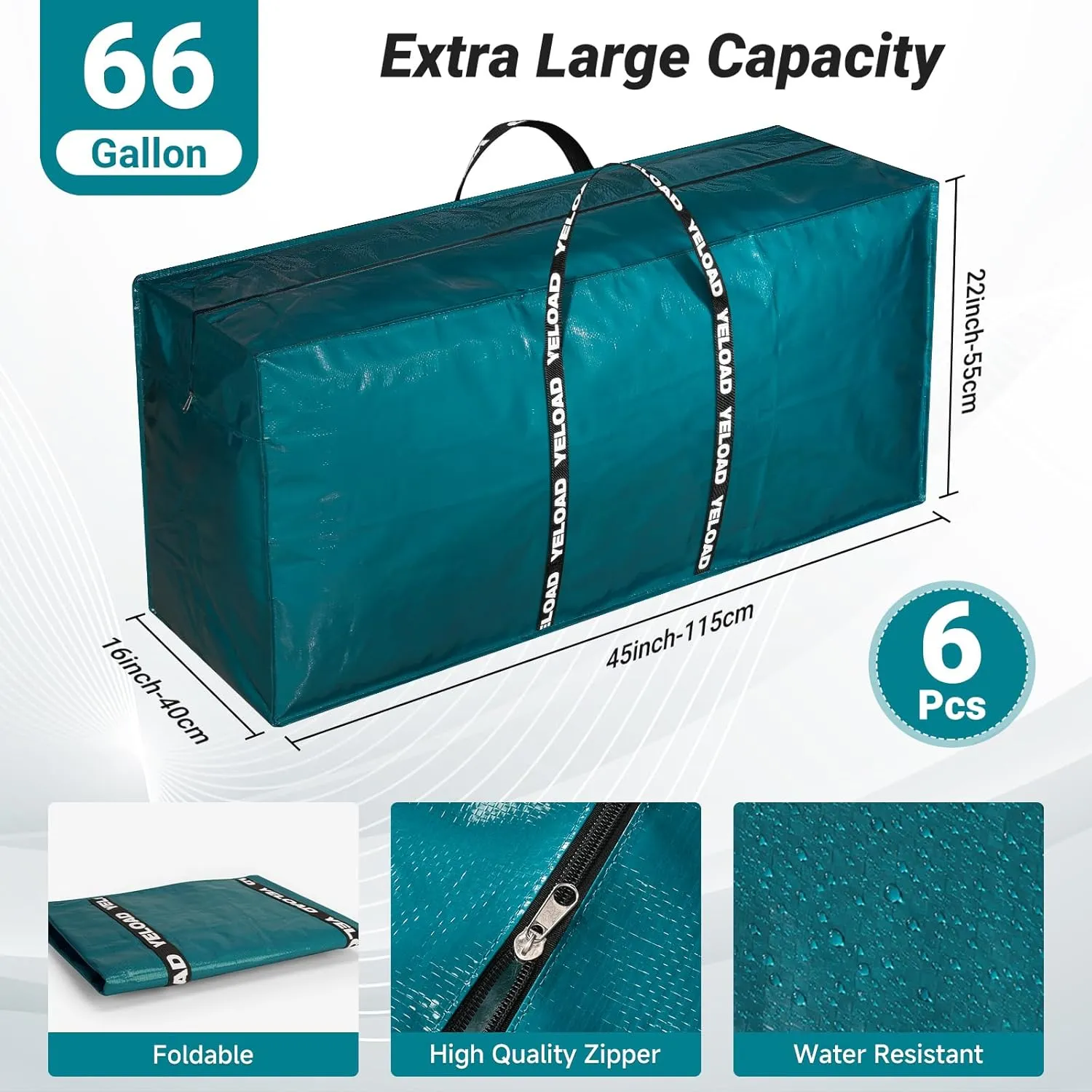 66 Gallon Extra Large Storage Bags 6 Pack – Light Green XXL Heavy Duty Waterproof Moving Tote Bags for College Dorm, Travel, Clothes & Bedding Foldable Zippered Duffle with Handles