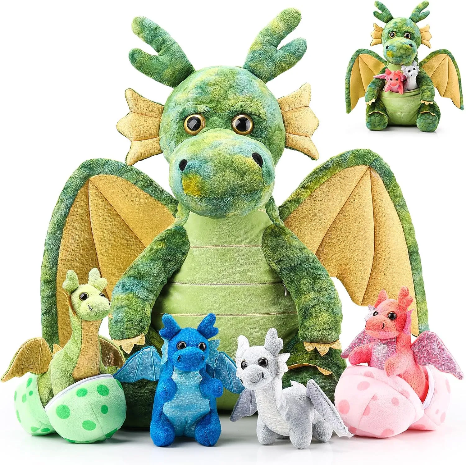 7 Pcs Dragon Plush Toys Gift Set 15.75" Large Dragon Mom Stuffed Animal with 4 Cute Babies and 2 Eggs in Mommy's Belly for Kids Birthday Christmas Classroom Prizes(Green)