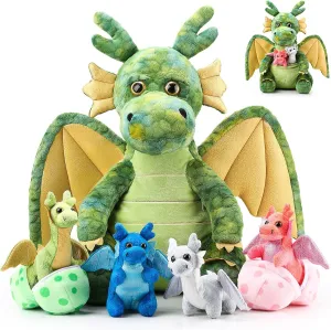 7 Pcs Dragon Plush Toys Gift Set 15.75" Large Dragon Mom Stuffed Animal with 4 Cute Babies and 2 Eggs in Mommy's Belly for Kids Birthday Christmas Classroom Prizes(Green)