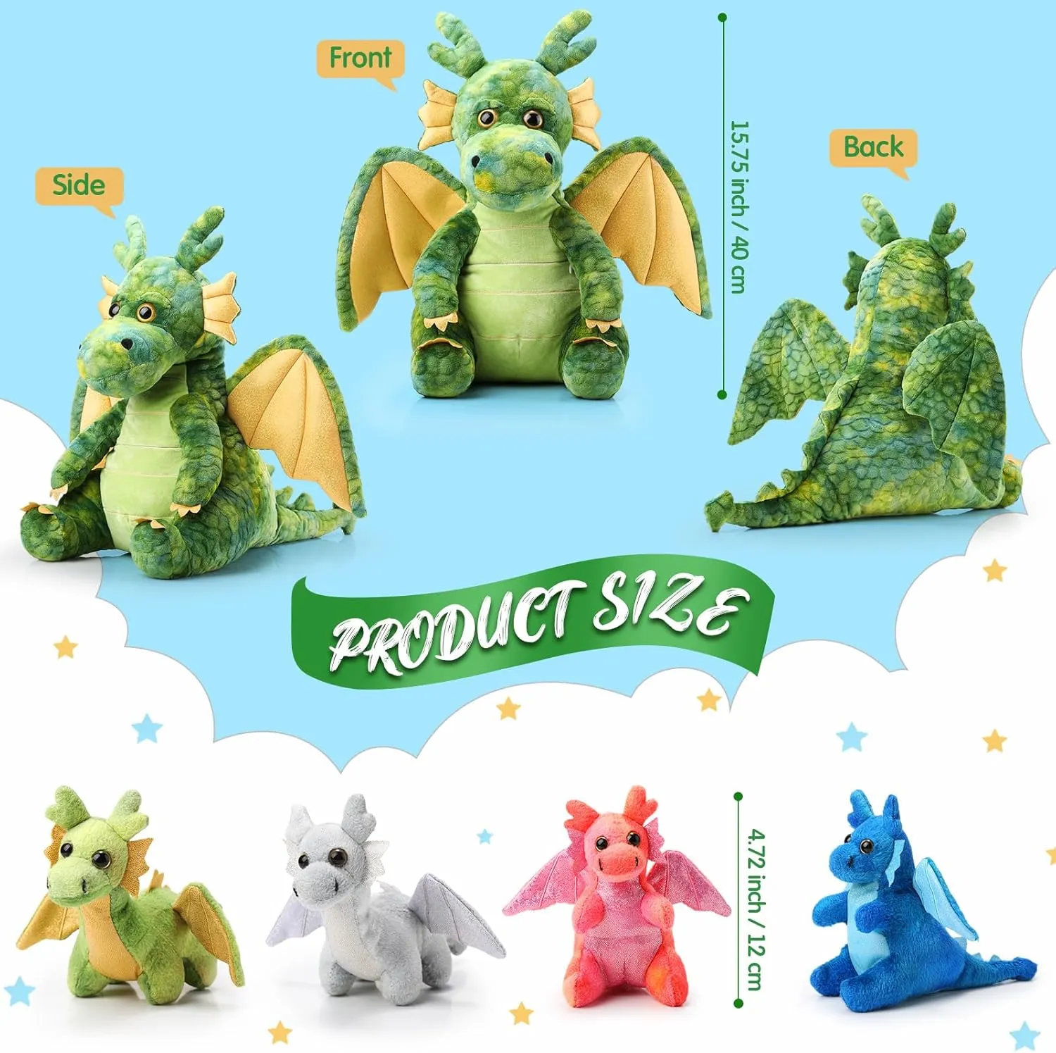 7 Pcs Dragon Plush Toys Gift Set 15.75" Large Dragon Mom Stuffed Animal with 4 Cute Babies and 2 Eggs in Mommy's Belly for Kids Birthday Christmas Classroom Prizes(Green)