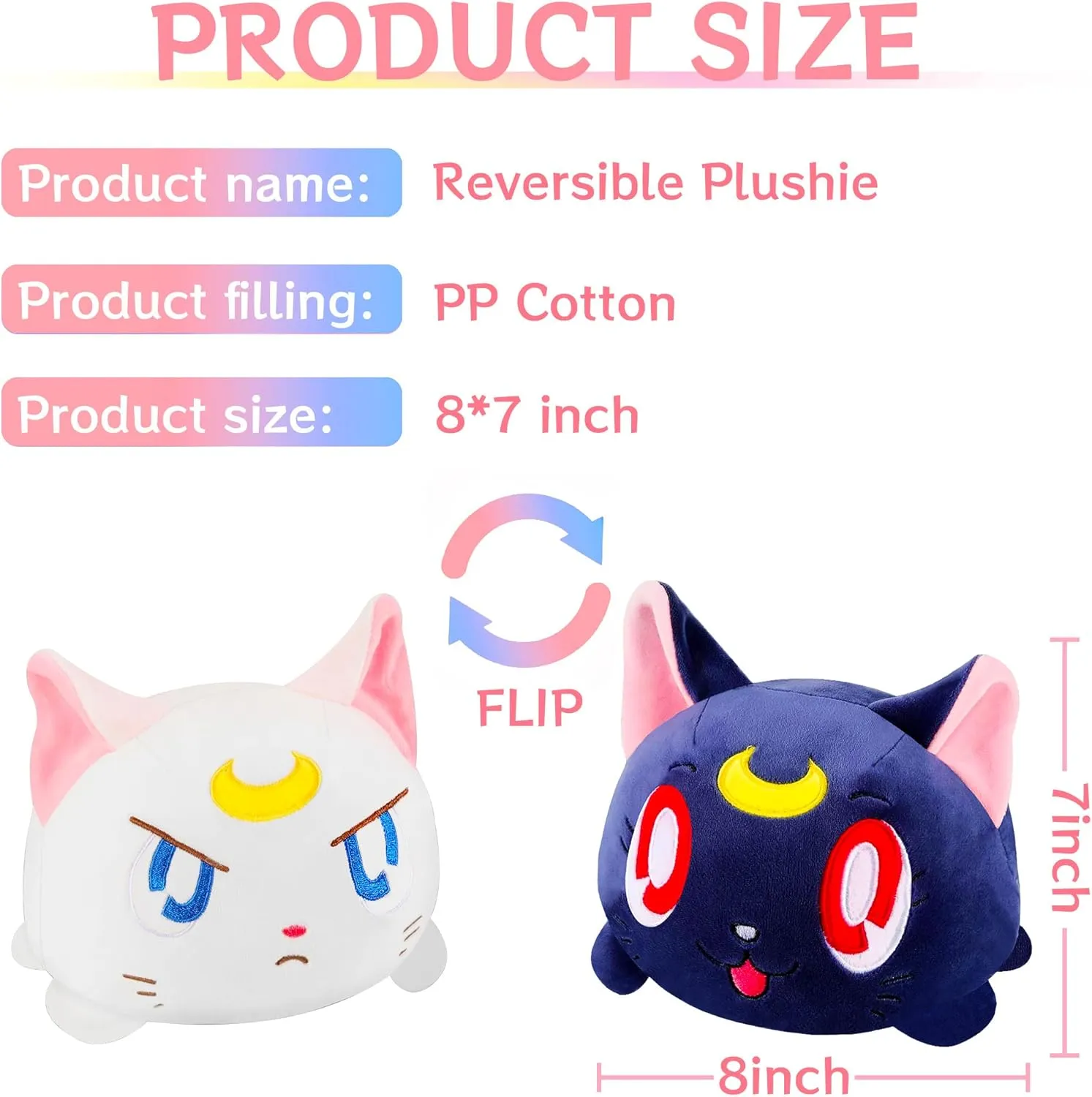 8'' Cute Cat Reversible Stuffed Plush Toys, Cartoon Anime Stuffed Animal Plushie Double-Sided Flip Plush Doll Birthday Gift for Kids Boys Girls