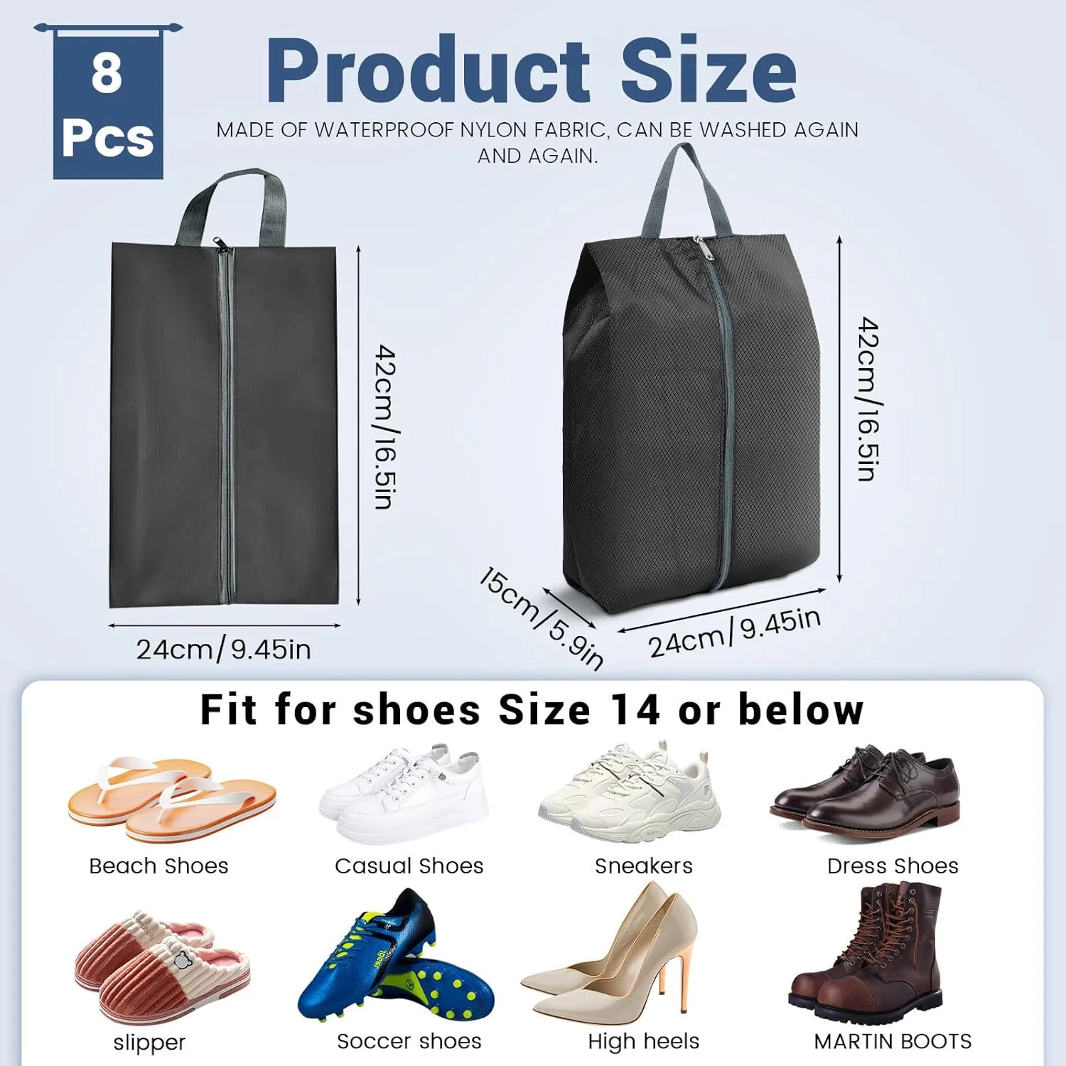 8 Pieces Waterproof Travel Shoe Bag, Portable Cleat Bag with Zipper & Handle, Extra Large Shoe Storage Cubes Pouch for Women Men Luggage Packing Gym Traveling Suitcase (Black)