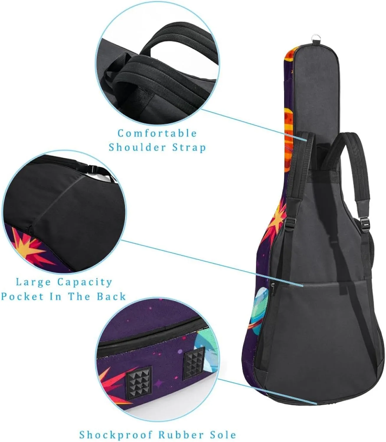 Acoustic Guitar Bag, Soft Guitar Case with 2 Pockets and Back Hanger Loop for 40 41 42 Inch Electric Bass Classical Guitars, Space Planets and Stars Cartoon Pattern