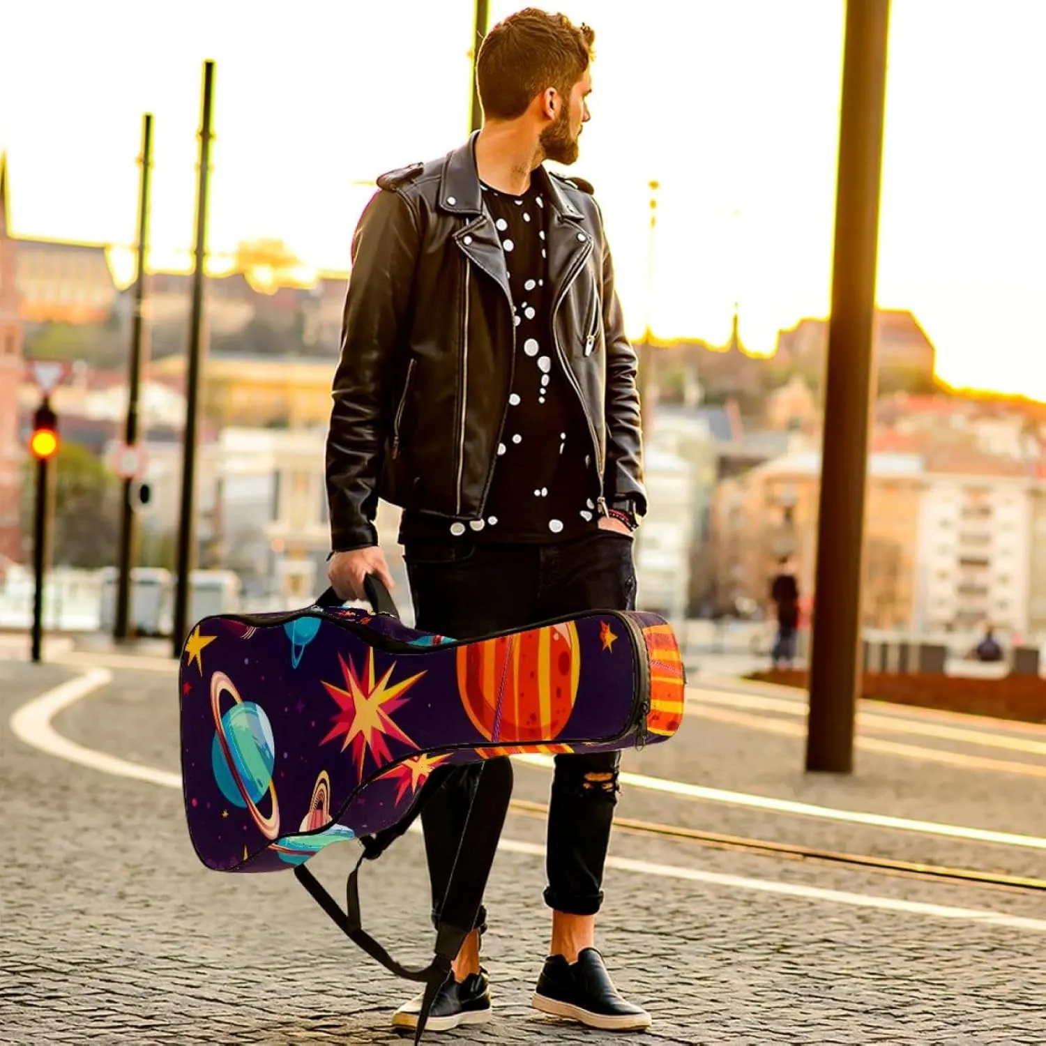 Acoustic Guitar Bag, Soft Guitar Case with 2 Pockets and Back Hanger Loop for 40 41 42 Inch Electric Bass Classical Guitars, Space Planets and Stars Cartoon Pattern