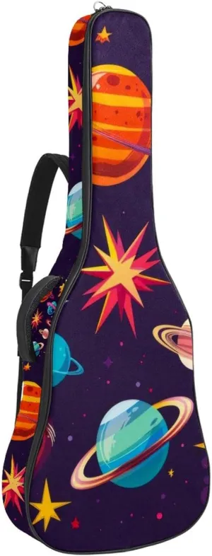 Acoustic Guitar Bag, Soft Guitar Case with 2 Pockets and Back Hanger Loop for 40 41 42 Inch Electric Bass Classical Guitars, Space Planets and Stars Cartoon Pattern