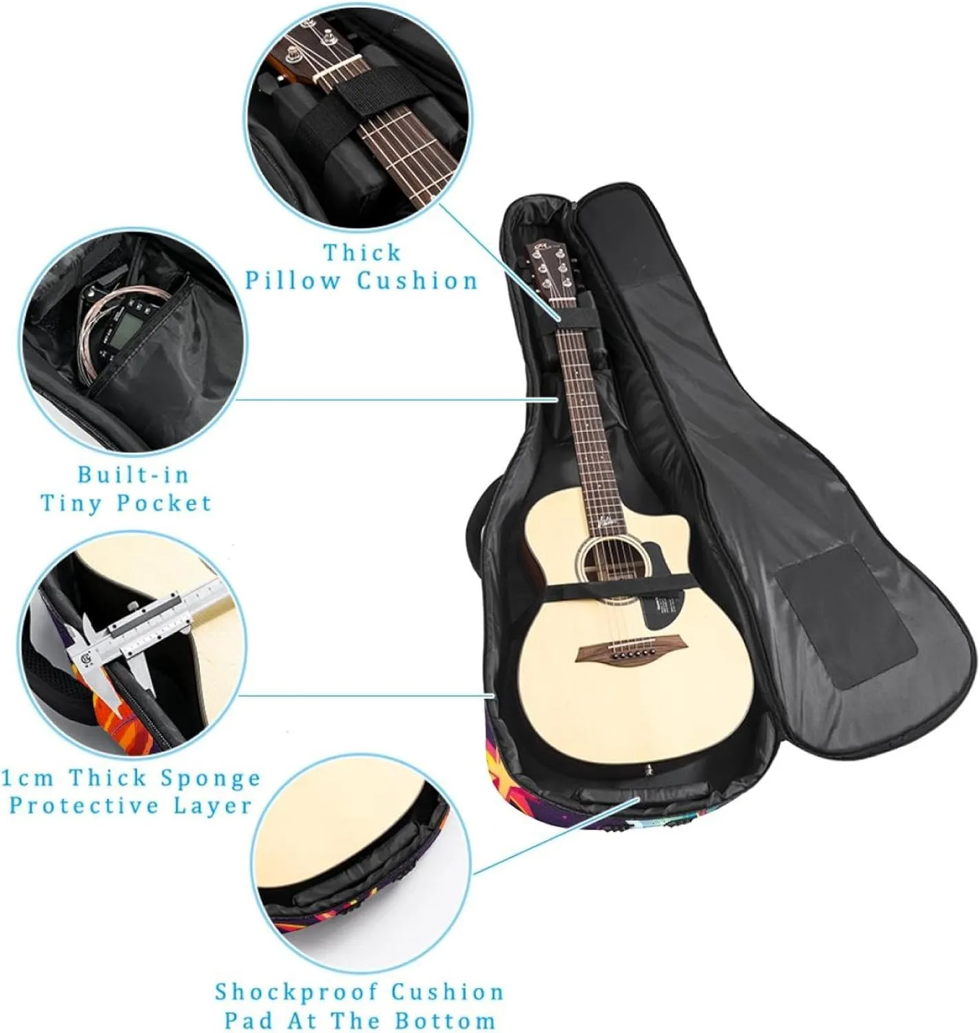 Acoustic Guitar Bag, Soft Guitar Case with 2 Pockets and Back Hanger Loop for 40 41 42 Inch Electric Bass Classical Guitars, Space Planets and Stars Cartoon Pattern
