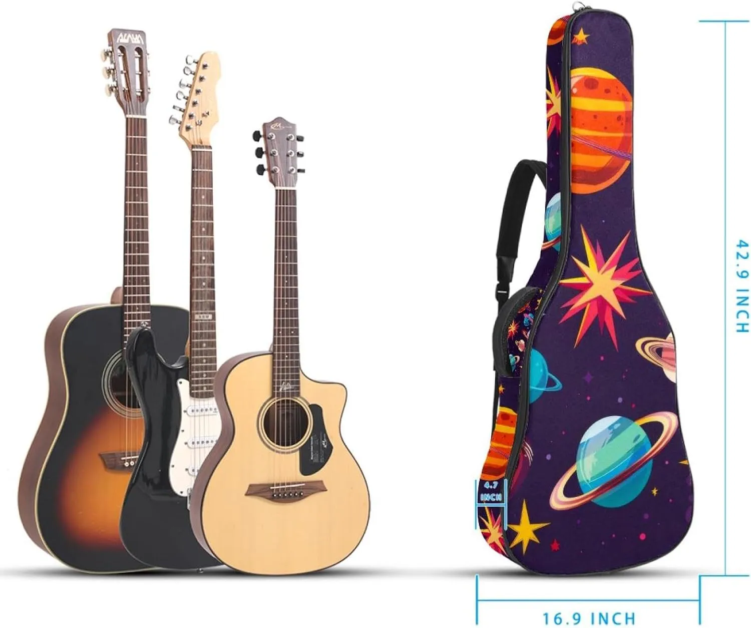 Acoustic Guitar Bag, Soft Guitar Case with 2 Pockets and Back Hanger Loop for 40 41 42 Inch Electric Bass Classical Guitars, Space Planets and Stars Cartoon Pattern