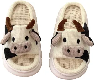Adisputent Cow Slippers for Women Men Cartoon Animal Cotton Slippers Fuzzy Plush Cow Slides Winter Warm House Slippers