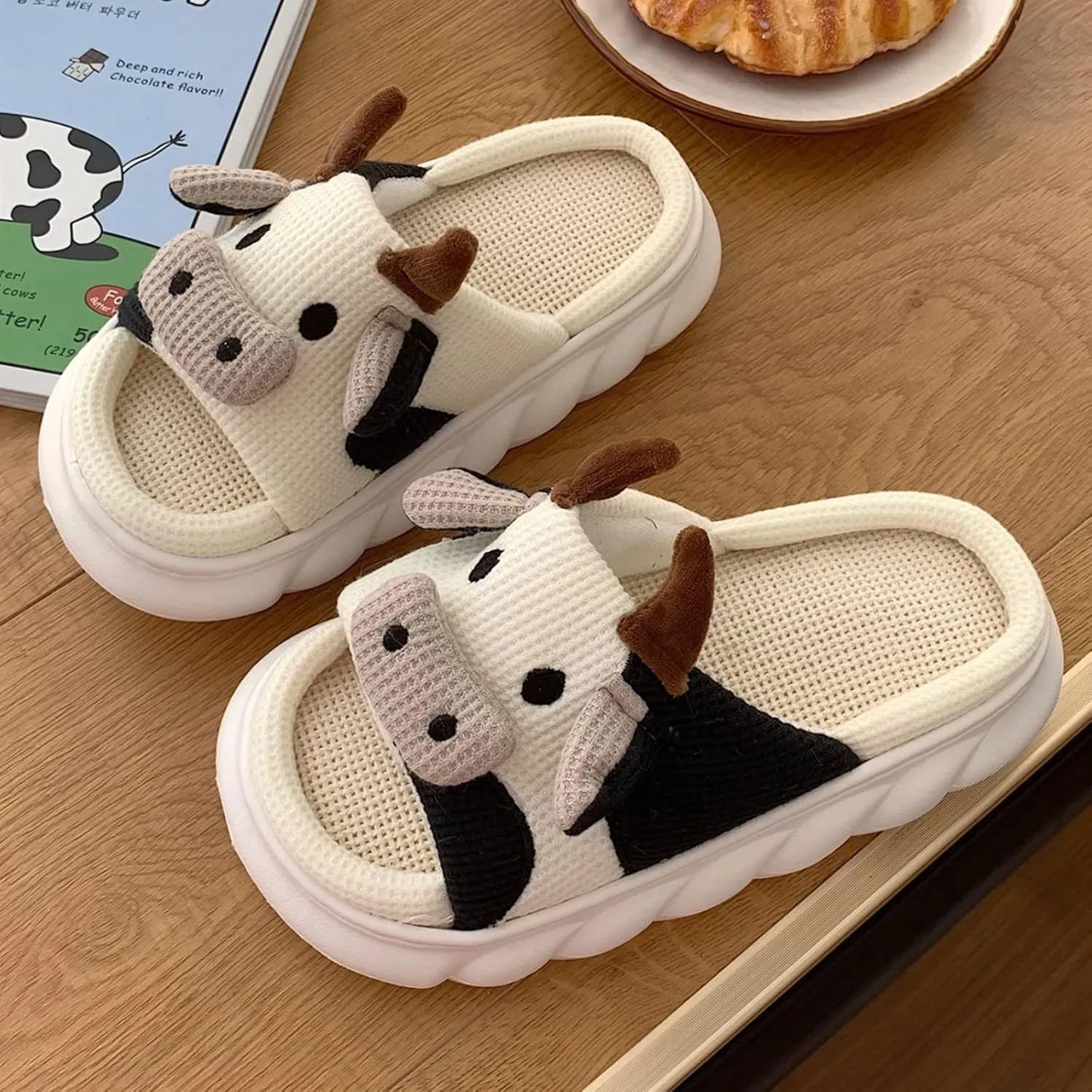 Adisputent Cow Slippers for Women Men Cartoon Animal Cotton Slippers Fuzzy Plush Cow Slides Winter Warm House Slippers