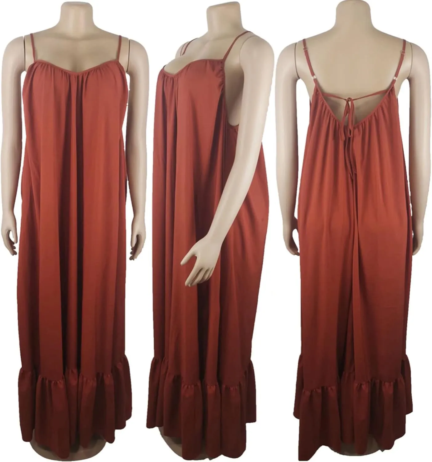 Adogirl Women's Sexy Spaghetti Strap Sleeveless Ruched Ruffle Hem Bandage Oversized Beach Loose Long Maxi Swing Dress