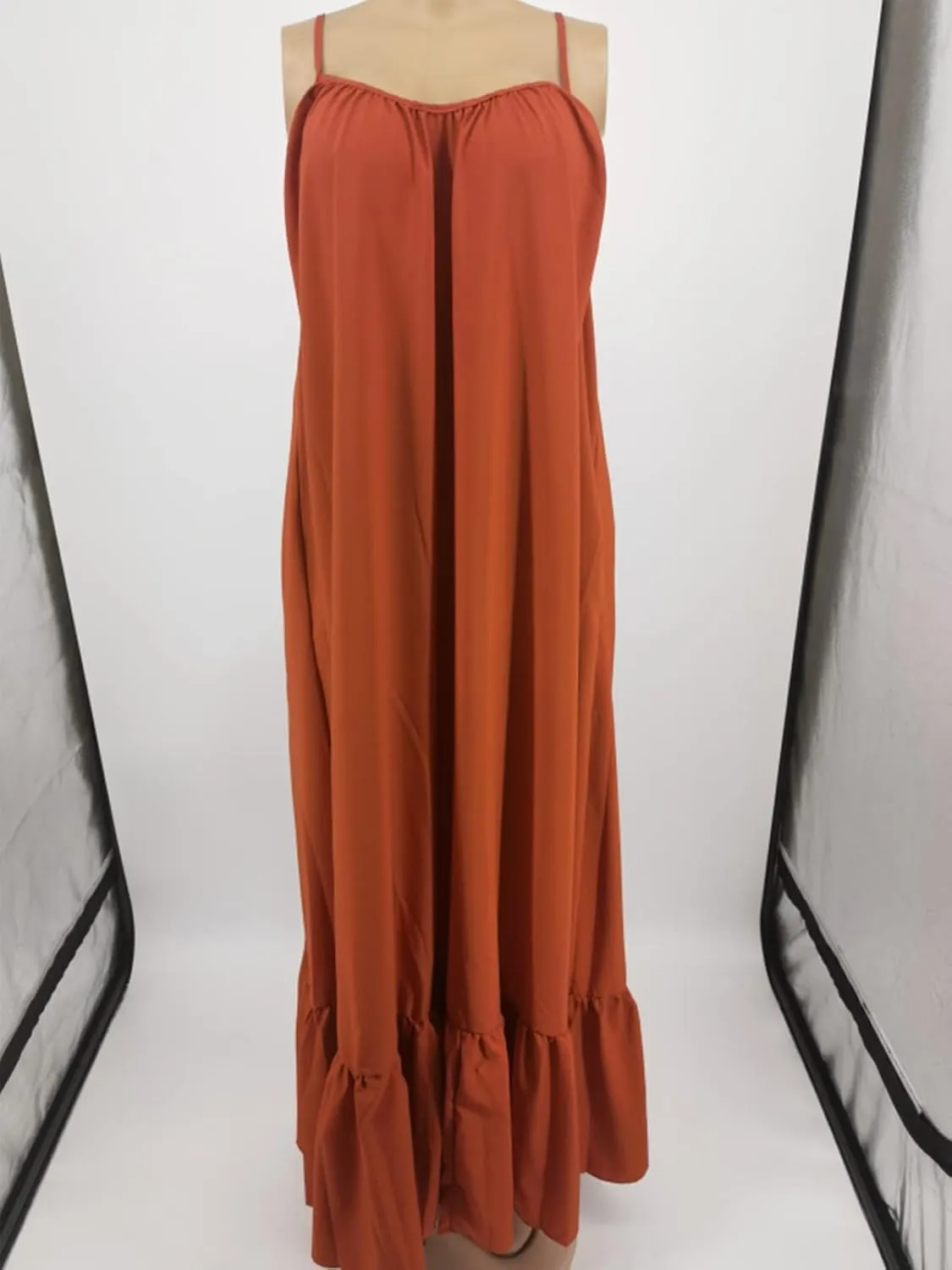 Adogirl Women's Sexy Spaghetti Strap Sleeveless Ruched Ruffle Hem Bandage Oversized Beach Loose Long Maxi Swing Dress