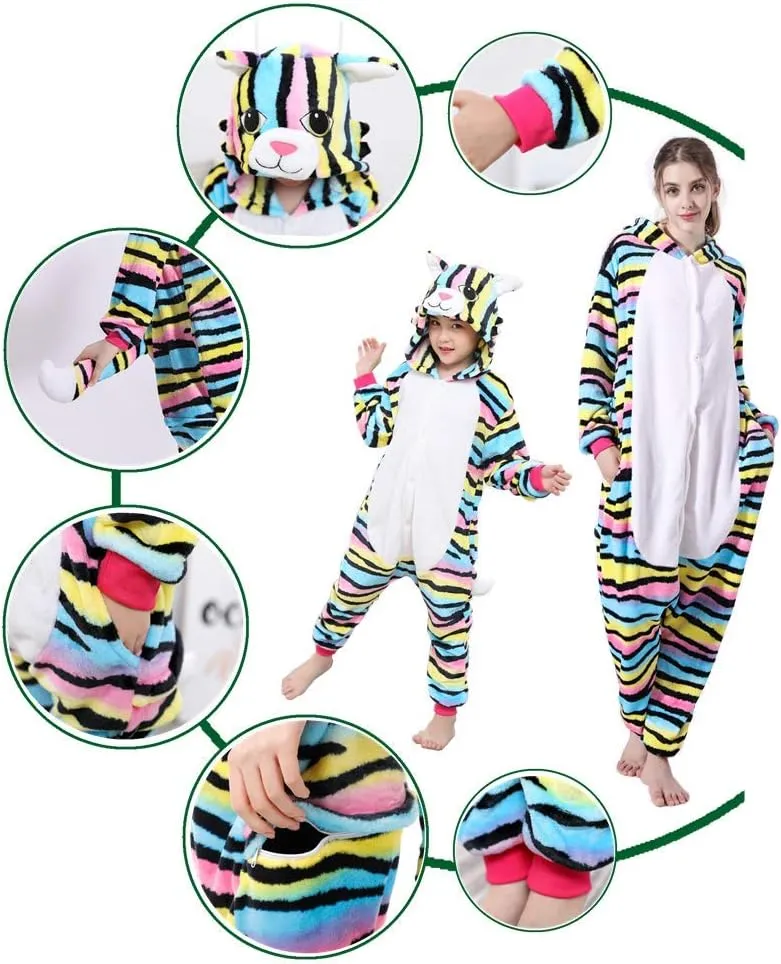 Adult Kid Animal Color Cat Onesies Pajamas Cute Cosplay Halloween Xmas Costume Winter Girls Hooded Sleepwear