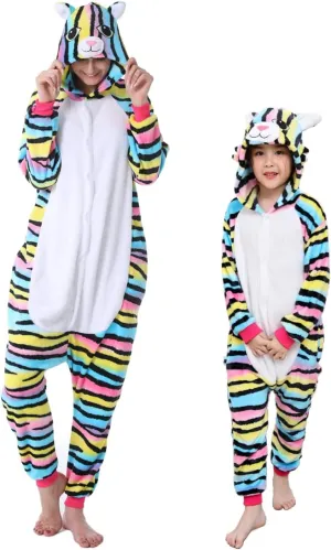 Adult Kid Animal Color Cat Onesies Pajamas Cute Cosplay Halloween Xmas Costume Winter Girls Hooded Sleepwear