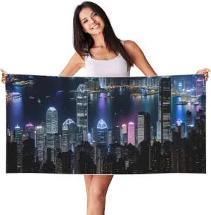 Aerial Night of View Hong Kong Print Microfiber Peachskin Beach Towel, 27.5x55in, for Beach, Pool, Travel, Camping