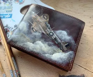 Airplane, Aviation, Plane, Pilot, Men's 3D Genuine Leather Wallet, Handmade wallet, Carved wallet, Tooled wallet, Airbrush Art, Bifold wallet, Custom wallet, Personalized wallet, C(8)