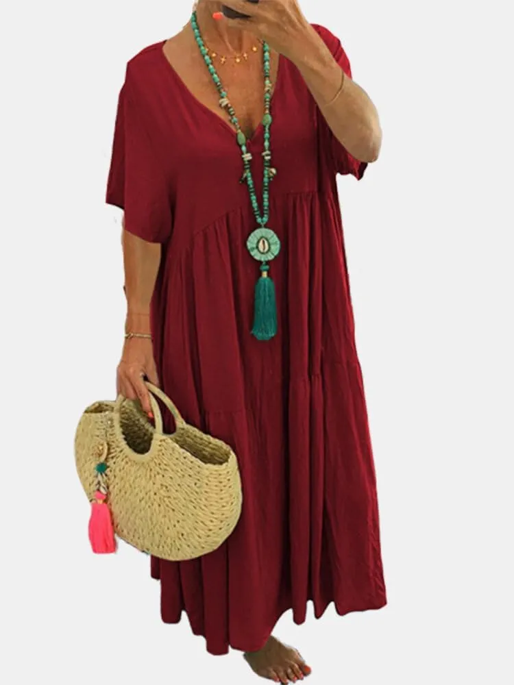 Akivide Womens Oversized Baggy Flowy Cotton Linen Maxi Dresses Summer Beach V Neck Casual Loose Floor Length Long Dress