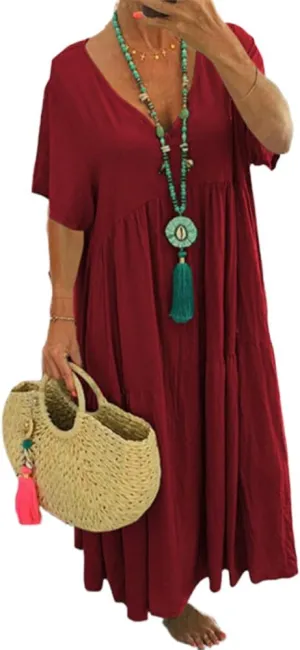 Akivide Womens Oversized Baggy Flowy Cotton Linen Maxi Dresses Summer Beach V Neck Casual Loose Floor Length Long Dress