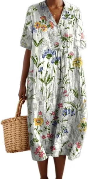 Akivide Womens Summer Oversized Baggy Boho Floral V Neck Midi Dresses Casual Loose Long Dresses with Pockets