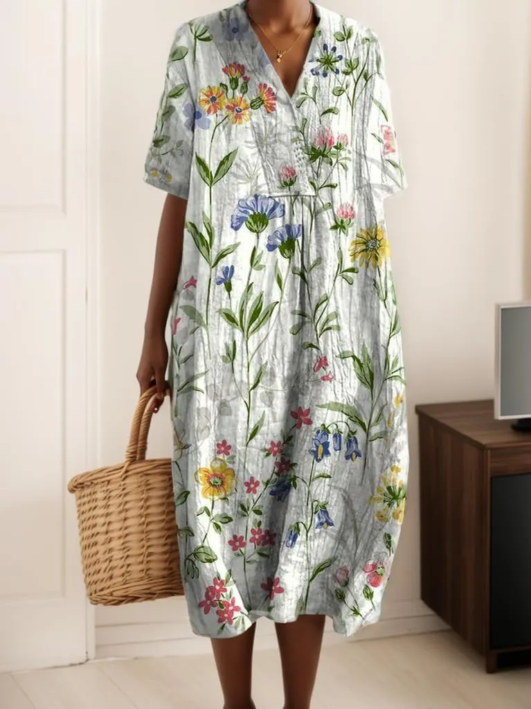 Akivide Womens Summer Oversized Baggy Boho Floral V Neck Midi Dresses Casual Loose Long Dresses with Pockets