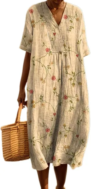 Akivide Womens Summer Oversized Baggy Boho Floral V Neck Midi Dresses Casual Loose Long Dresses with Pockets
